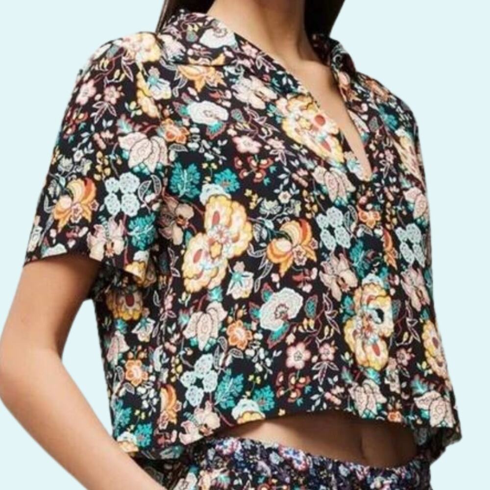 FRAME Black Floral Short Sleeve Button Up Cropped Top Size XS